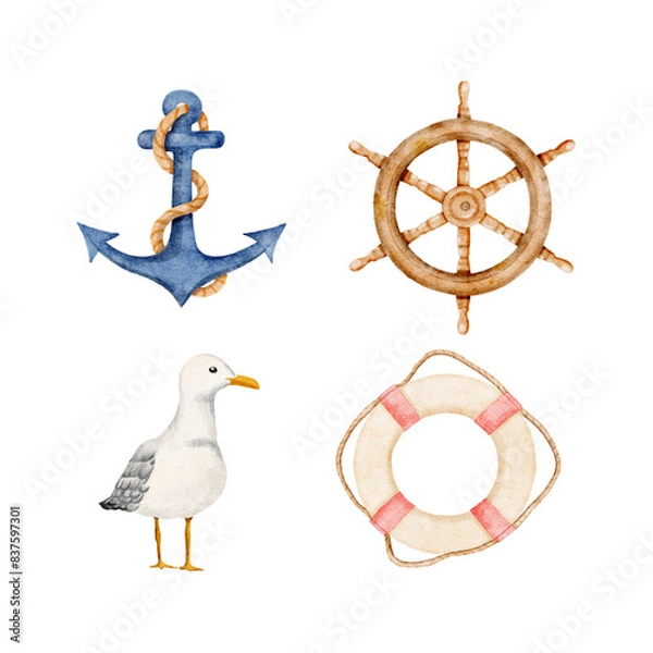 Fototapeta Watercolor nautical elements, rigging symbols, life buoy, steering wheel, anchor and  seagull watercolor illustration, isolated on white background vector