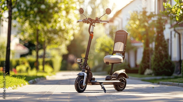 Fototapeta A black scooter with a seat is parked on a sidewalk in front of a house