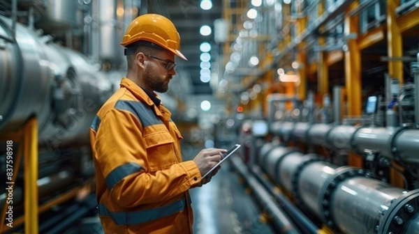 Fototapeta Engineer wearing orange safety gear using a tablet in an industrial facility with pipelines and machinery.