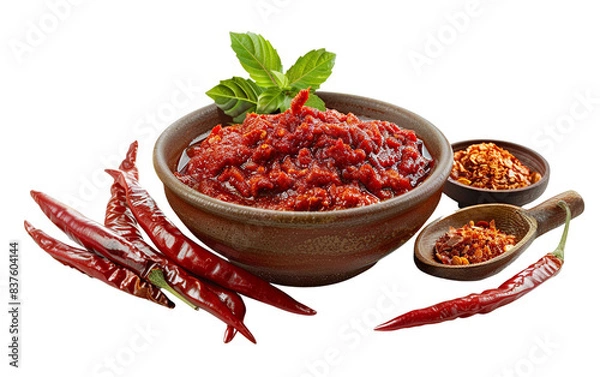 Obraz Red chili sauce in a bowl with fresh peppers and spices on a white background. Appetizing condiment for cooking and food decoration.