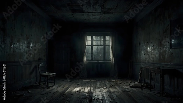 Fototapeta The chilling ambiance of an empty, frightening room cloaked in darkness, where every creak and groan seems to echo with unseen menace ai_generated