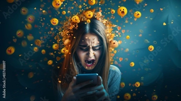 Obraz Create a scene where a woman, bored and overstimulated, is engulfed by a flood of reactions and emojis emanating from her phone, symbolizing social media addiction.