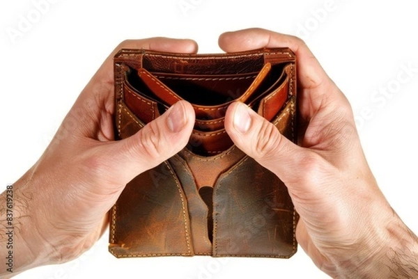 Fototapeta Close-up of two hands holding an empty brown leather wallet, symbolizing financial issues or lack of money.