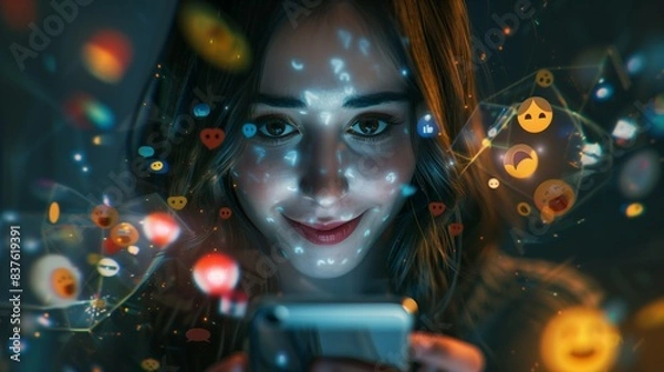 Obraz Depict a woman staring at her phone with reactions and emojis orbiting around her, showcasing the instant gratification and overstimulation from social media.