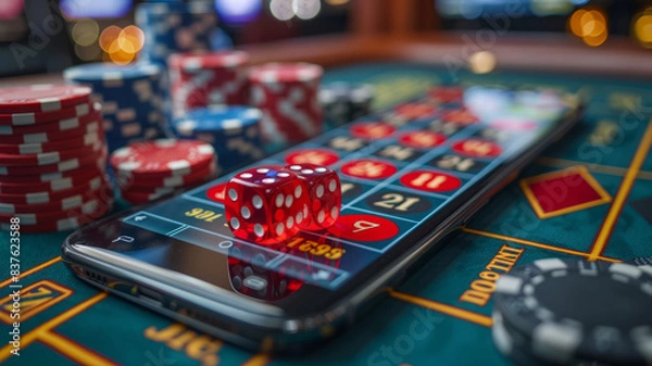 Obraz 3D online casino with smartphone or mobile phone, dice, cards, and roulette on a green table.generative ai