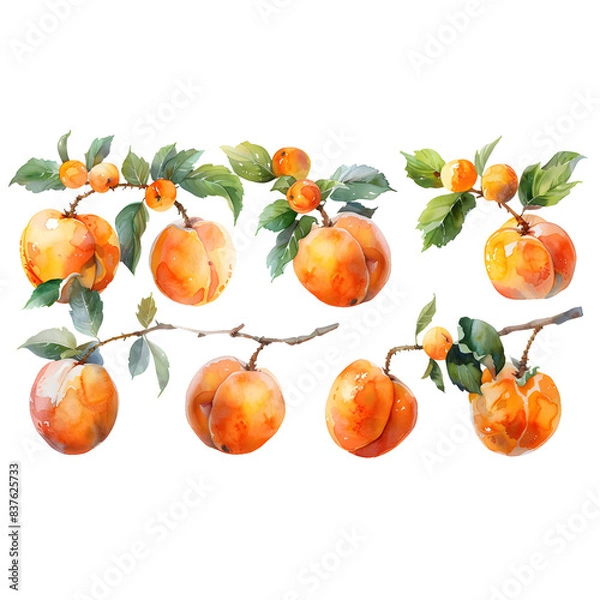 Fototapeta Set  Apricot on a white background watercolor hand drawing