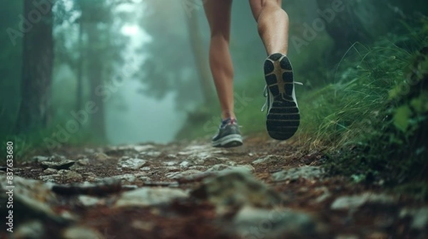 Fototapeta This image shows a jogger's feet amidst a rainy, lush forest environment, emphasizing resilience and the pursuit of fitness