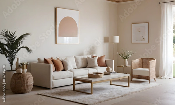 Fototapeta Elegant living room with a cozy beige couch, stylish decor, and a warm, neutral color palette creating a minimalist atmosphere