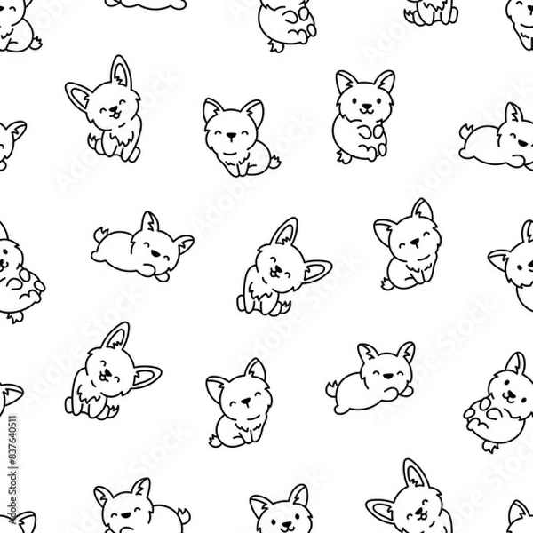 Fototapeta Cute kawaii corgi dog. Seamless pattern. Coloring Page. Funny puppy cartoon animal characters. Hand drawn style. Vector drawing. Design ornaments.