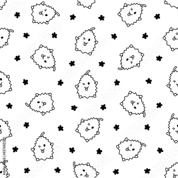 Fototapeta Cute happy durian character emoticon. Seamless pattern. Coloring Page. Kawaii cartoon fruit. Hand drawn style. Vector drawing. Design ornaments.