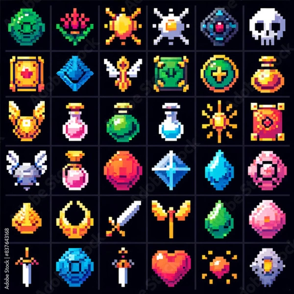 Obraz A collection of pixel art RPG-style holy grails with various designs and colors