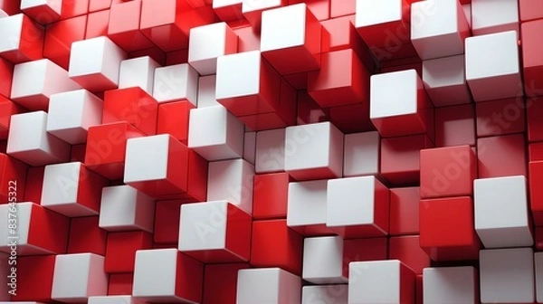 Fototapeta Neatly Aligned Multisized Cube Wall. Red, Modern Tech Background. 3D Render.