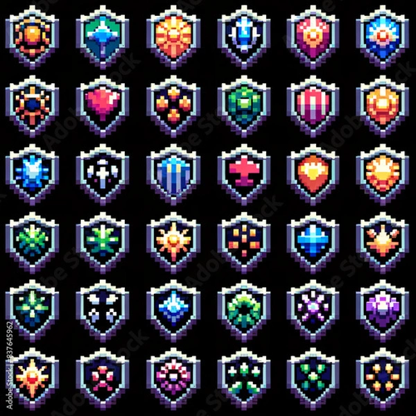 Fototapeta RPG pixel art shields sprite sheet