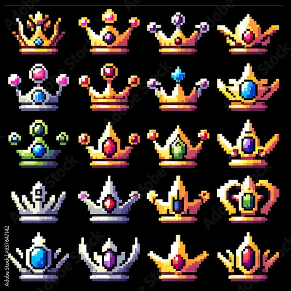 Fototapeta A collection of pixel art RPG-style crowns with various designs and colors