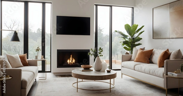 Fototapeta Creating a cozy and peaceful atmosphere in a modern living room with a fireplace, expansive windows, and chic decor