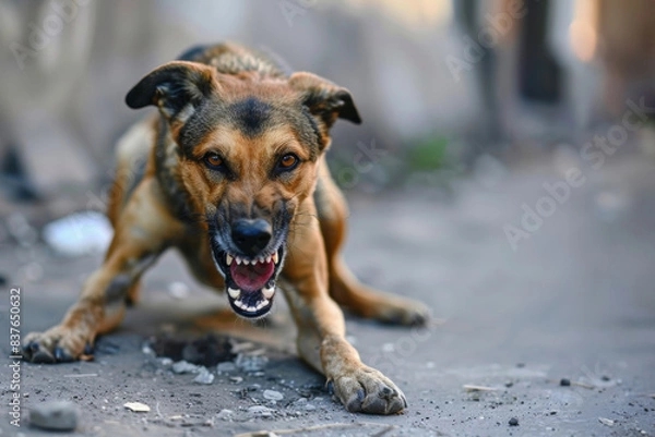 Fototapeta angry aggressive dog on the city street dangerous and may be infected. Rabies concept