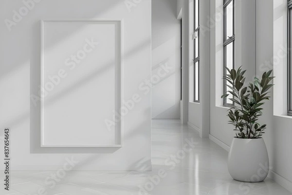 Fototapeta Minimalist White Floating Frame in Contemporary Designed Interior Space with Copy Space for Brand Display or Art Presentation