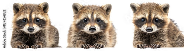 Fototapeta Three Baby Raccoons Looking at the Camera on a White Background