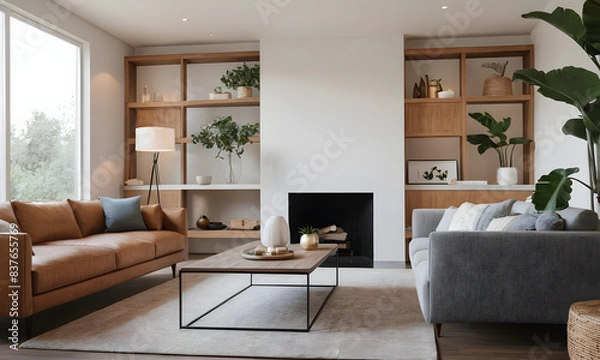 Fototapeta Relaxing in a contemporary living room, enjoying the peace and quiet with a good book. The minimalist design and natural light create a serene atmosphere