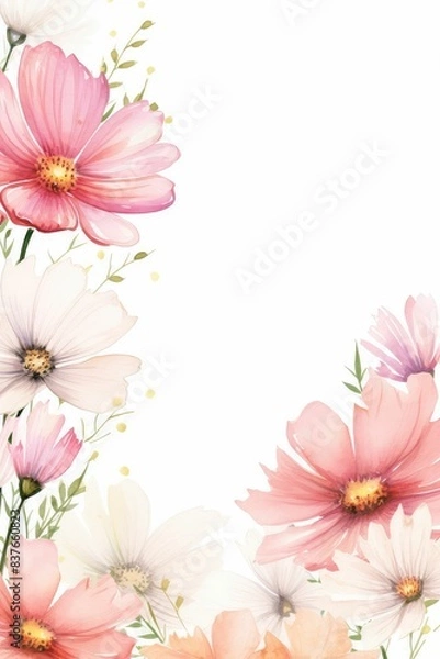 Fototapeta cosmos themed frame or border for photos and text. with delicate pink and white flowers. watercolor illustration, white color background. 