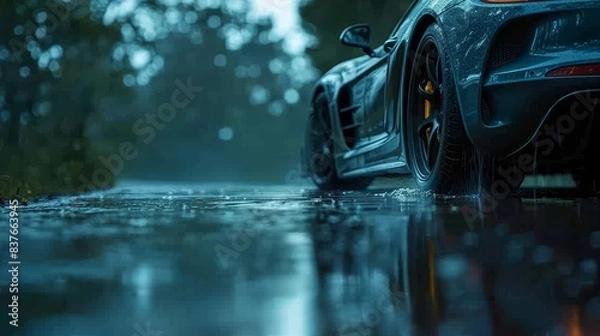 Fototapeta  A blue sports car sits parked by the side of a rain-soaked road, surrounded by trees in the background A puddle of water forms in the foreground