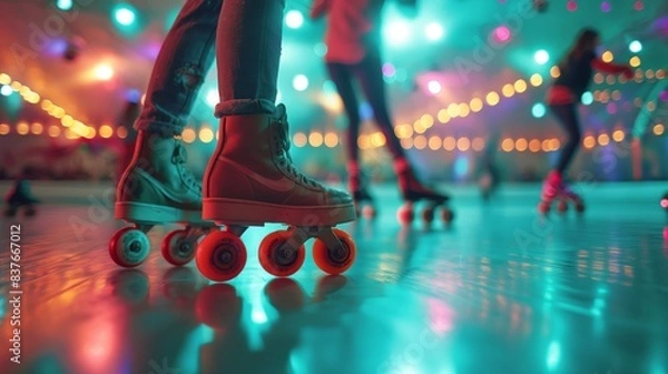 Obraz Vibrant image of skaters on a roller skating rink, capturing movement and colorful lights