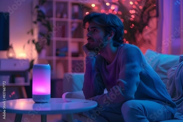 Fototapeta Man Interacting with Voice Activated Smart Assistant in Cozy Home Setting