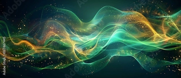 Fototapeta Abstract art with green and blue sound wave curves, golden digital touches, flowing design