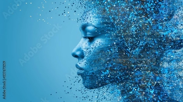 Obraz  A woman's face is veiled in blue and silver confetti, her eyes closed, head slightly tilted, gazing into the distance