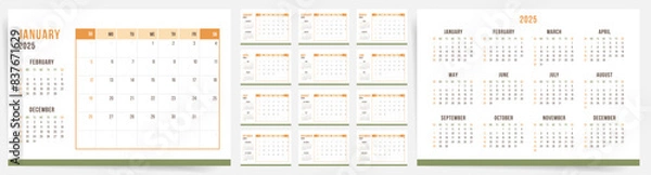 Obraz 2025 Calendar template design. Week starts on Sunday office calendar. Desktop planner in simple clean style. Corporate or business calendar 2025. English vector 2025 calendar layout.	