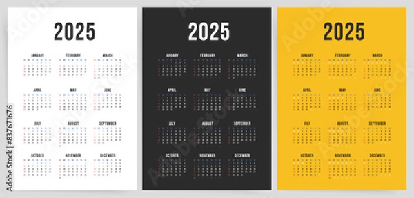 Fototapeta One Page Calendar 2025. Calendar templates 2025 for wall and desk use. Set of ready to print annual layouts. Business minimal modern 2025 calendar.	
