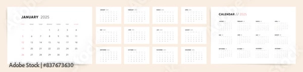 Obraz Calendar template for 2025 year. Week starts on Sunday. Wall 2025 calendar in clean minimal style. Corporate or business Calendar. English vector Calendar monthly pages layout.	