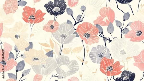 Obraz Seamless pastel colored floral and bicolor patterns for fabrics, curtains, bed sheets, tablecloths, and for printing on clothing.
