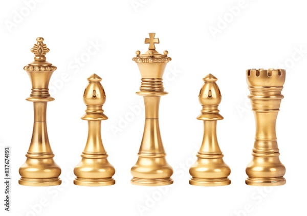 Fototapeta Luxurious golden chess set isolated on transparent or white background, png.