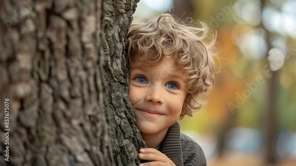 Fototapeta Mischievous Child Peeking Curiously from Behind a Tree Exploring the Joys of Nature and Childhood Discovery