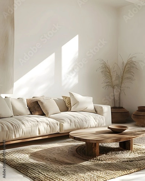 Fototapeta A living room with white walls, beige sofa and wooden coffee table in the style of Japandi