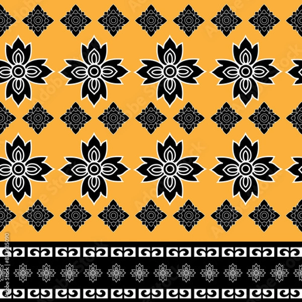 Obraz Thai art fabric pattern, seamless pattern on yellow background.