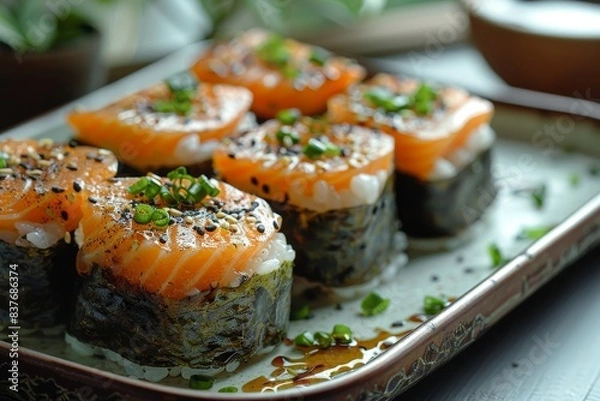 Fototapeta Onigiri - Rice balls wrapped in nori, filled with salmon, pickled plum, or tuna. 