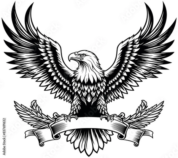Fototapeta Drawing of Bald Eagle with Outstretched Wings with Banner