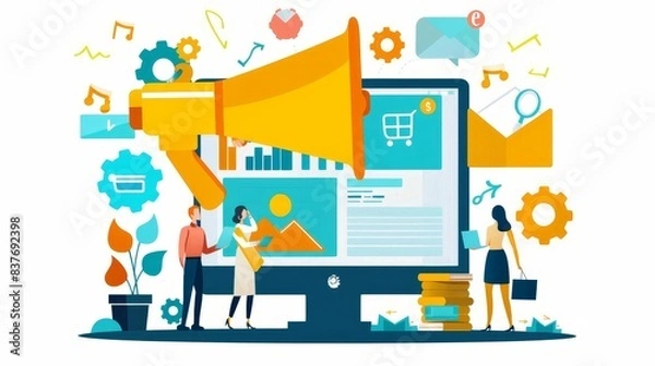 Fototapeta E-commerce business strategy session, team planning online sales campaign, digital marketing tools