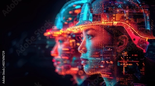 Fototapeta Futuristic engineers with helmets analyzing digital data overlay, symbolizing technology integration in modern industry.