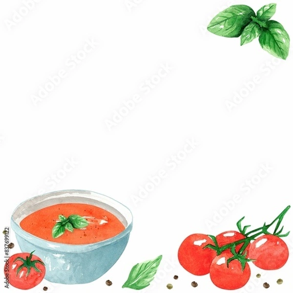 Fototapeta Frame from tomato puree soup, red tomato cherry, peppercorns and green basil on white background. Watercolor illustration. Template for design banner, cards, flyers.