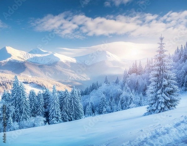 Fototapeta Witnessing the breathtaking beauty of a winter sunrise bathing snowy mountain peaks and a frost covered forest in golden light