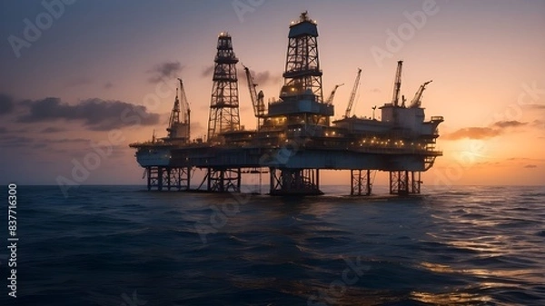Fototapeta A majestic spar with an oil drilling platform, illuminated by lanterns and spotlights, rises from the ocean's surface at dawn.