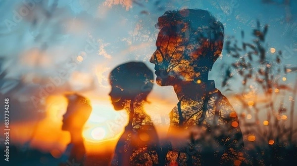Fototapeta Family on heritage trail, close up, focus on, copy space, glowing hues, Double exposure silhouette with educational journey