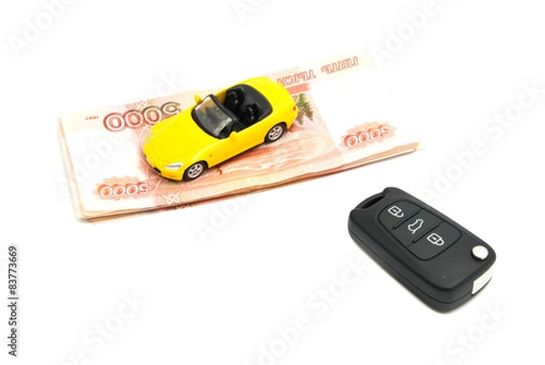 Obraz banknotes, keys and yellow car