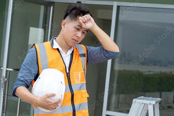 Obraz Dizziness and migraine headache from overworked exhaustion or heat stroke. Tired Asian male worker carrying safety helmet touching his forehead while working at construction site in extremely hot day