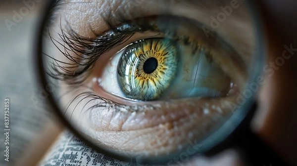 Fototapeta Looking closely at the human eye with a magnifying glass. The eye is a complex organ that allows us to see the world around us.
