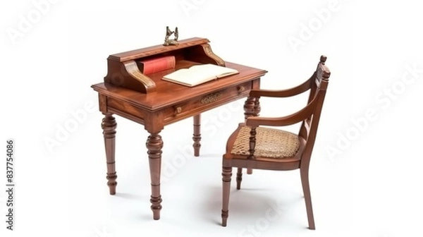 Fototapeta Business table isolate with office supplies with chair on white background. AI generated.