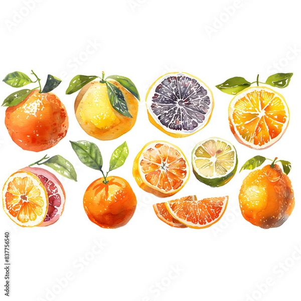 Fototapeta Set  Citrus on a white background watercolor hand drawing